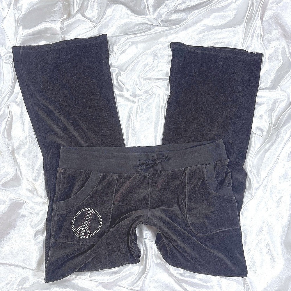 y2k Velour Track Pants Black Excellent Rhinestone Peace Sign Wide Leg L 11-13